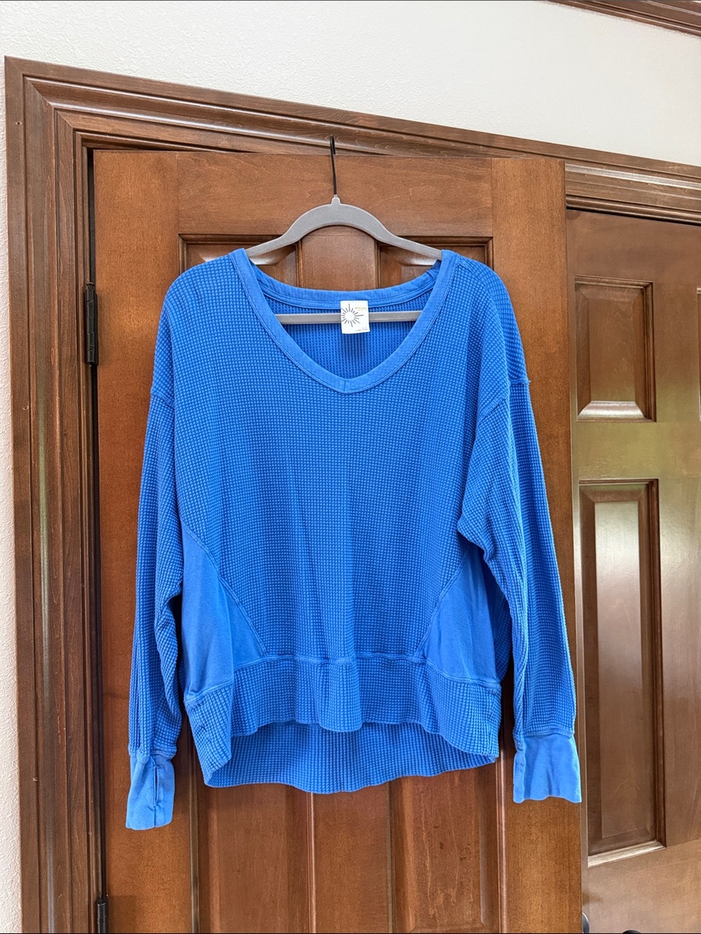 aerie Blue Long Sleeve Waffle Knit V-Neck Top